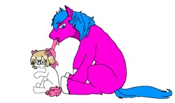 Size: 1470x870 | Tagged: safe, imported from twibooru, oc, earth pony, pony, admin, blue mane, blue tail, bowtie, doll (soyjak), female, filly, image, male, mouth stitches, pink coat, pink tail, png, soyjak, soyjak.party, soylita (soyjak), stallion, stitches, tying bow, white coat