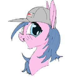 Size: 573x594 | Tagged: safe, artist:norre, imported from twibooru, oc, pony, admin, aside glance, blue mane, bust, crossgender, doll (soyjak), female, happy, hat, image, light blue eyes, looking at you, mare, pink coat, png, ponified, sideways, sideways glance, simple background, soyjak, soyjak.party, white background