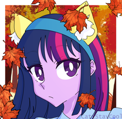 Size: 3529x3451 | Tagged: safe, artist:cattstaycool, imported from derpibooru, twilight sparkle, equestria girls, autumn, autumn leaves, bust, ear fluff, fake ears, hairband, leaf, leaves, portrait, solo