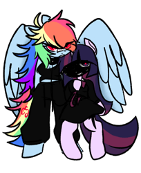 Size: 650x798 | Tagged: safe, artist:cutiesparke, imported from derpibooru, rainbow dash, twilight sparkle, pegasus, semi-anthro, unicorn, ahoge, alternate hairstyle, alternate universe, clothes, collar, dress, face framed in shadow, female, glare, holding, leash, lesbian, messy mane, pants, protecting, shipping, smiling, tanktop, twidash, unicorn twilight, unkempt mane