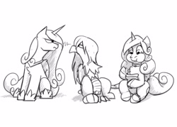 Size: 3500x2500 | Tagged: safe, artist:captainhoers, imported from derpibooru, princess cadance, princess flurry heart, oc, alicorn, griffon, pony, canon x oc, female, glare, grayscale, griffon oc, lesbian, looking at each other, looking at someone, mare, monochrome, narrowed eyes, older, older flurry heart, shipping, simple background, trio, white background