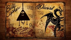 Size: 2560x1440 | Tagged: safe, artist:arandomperson, imported from derpibooru, discord, draconequus, bill cipher, gravity falls, journal, male, name, triangle