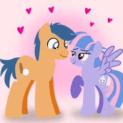 Size: 1400x1400 | Tagged: safe, artist:mlplary6, imported from derpibooru, first base, wind sprint, earth pony, pegasus, pony, boyfriend and girlfriend, female, heart, looking at each other, looking at someone, love, male, mare, older, older first base, older wind sprint, shipping, smiling, smiling at each other, stallion, straight, windbase