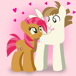 Size: 1400x1400 | Tagged: safe, artist:mlplary6, imported from derpibooru, babs seed, featherweight, earth pony, pegasus, pony, boyfriend and girlfriend, featherseed, female, heart, looking at each other, looking at someone, love, male, mare, older, older babs seed, older featherweight, shipping, smiling, smiling at each other, stallion, straight