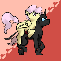 Size: 3000x3000 | Tagged: safe, artist:fumalunga, imported from derpibooru, oc, oc only, oc:cables, oc:coxa, changeling, pegasus, carrying, changeling oc, gay, heart, looking at each other, looking at someone, male, pegasus oc, red changeling, smiling, wings