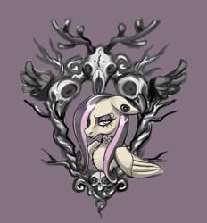 Size: 1000x1077 | Tagged: safe, artist:noupie, imported from derpibooru, fluttershy, pegasus, pony, antlers, bird skull, branches, deer skull, ear piercing, earring, female, floppy ears, fluttergoth, frown, jewelry, lidded eyes, looking at you, mare, piercing, purple background, simple background, skull, solo