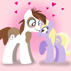 Size: 1400x1400 | Tagged: safe, artist:mlplary6, imported from derpibooru, dinky hooves, pipsqueak, earth pony, pony, unicorn, blushing, boyfriend and girlfriend, dinkysqueak, female, heart, looking at each other, looking at someone, love, male, mare, shipping, smiling, smiling at each other, stallion, straight