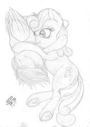 Size: 1100x1556 | Tagged: safe, artist:styroponyworks, imported from derpibooru, carrot top, derpy hooves, golden harvest, earth pony, pegasus, butt, cuddling, dock, duo, duo female, female, folded wings, mare, nuzzling, plot, sketch, tail, underhoof, wings