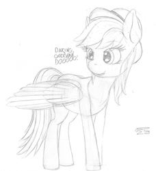 Size: 1200x1318 | Tagged: safe, artist:styroponyworks, imported from derpibooru, daring do, pegasus, pony, female, happy, hat, mare, open mouth, partially open wings, sketch, solo, standing, wings