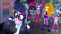 Size: 3000x1688 | Tagged: safe, artist:bigpurplemuppet99, edit, edited screencap, imported from derpibooru, screencap, adagio dazzle, aria blaze, sci-twi, sonata dusk, twilight sparkle, eqg summertime shorts, equestria girls, mad twience, the dazzlings