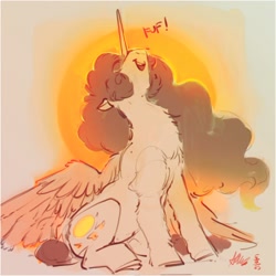 Size: 1694x1692 | Tagged: safe, artist:alumx, imported from derpibooru, princess celestia, alicorn, pony, chest fluff, cute, cutelestia, female, fluffy, majestic as fuck, mare, nose in the air, open mouth, open smile, partially open wings, signature, sitting, smiling, solo, sun, wings