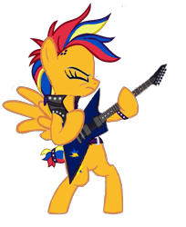 Size: 815x1000 | Tagged: safe, artist:mlpfan3991, imported from derpibooru, oc, oc only, oc:flare spark, pegasus, pony, alternate hairstyle, bipedal, clothes, electric guitar, eyes closed, female, guitar, mare, multicolored hair, musical instrument, playing instrument, rock (music), solo, vest