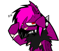 Size: 1202x1040 | Tagged: safe, artist:xxv4mp_g4z3rxx, imported from derpibooru, oc, oc:violet valium, bat pony, pony, bags under eyes, clothes, collar, emo, fangs, hoodie, hospital band, red eyes, scar, smiling, solo, spiked collar, spiked wristband, two toned mane, wristband