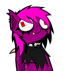 Size: 962x1032 | Tagged: safe, artist:xxv4mp_g4z3rxx, imported from derpibooru, oc, oc:violet valium, bat pony, pony, bags under eyes, clothes, collar, emo, fangs, hoodie, hospital band, red eyes, scar, smiling, solo, spiked collar, two toned mane, wall eyed