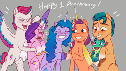 Size: 1920x1080 | Tagged: safe, artist:mythicalartist_, imported from derpibooru, hitch trailblazer, izzy moonbow, pipp petals, sunny starscout, zipp storm, alicorn, dragon, earth pony, pegasus, pony, unicorn, 2022, anniversary, baby, baby dragon, female, g5, gray background, holding a dragon, hoofbump, hug, male, mane five, mare, my little pony: a new generation, pipp is short, race swap, simple background, sparky sparkeroni, stallion, sunnycorn