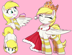 Size: 2600x2000 | Tagged: safe, artist:thebatfang, oc, oc:sweet cream, pegasus, pony, cake, cape, clothes, compilation, crown, eating, eyes closed, food, food on face, jewelry, looking at you, looking up, looking up at you, overhead view, pink background, regalia, simple background, smug, snorting, solo, wing hold