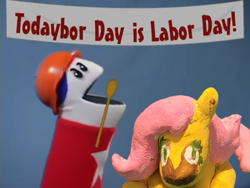 Size: 1440x1080 | Tagged: safe, artist:fluttershywheresheshouldntbe, edit, imported from derpibooru, fluttershy, pegasus, pony, duo, female, holiday, homestar runner, labor day, mare