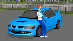 Size: 1366x768 | Tagged: safe, artist:ardoplasma41, artist:creatorofpony, imported from derpibooru, rainbow dash, equestria girls, 3d, car, clothes, hoodie, mitsubishi, mitsubishi lancer, mmd, pants, shoes, sneakers, sports car