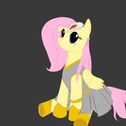 Size: 1000x1000 | Tagged: safe, artist:dshou, imported from derpibooru, fluttershy, pegasus, pony, armor, female, gray background, hoof shoes, mare, simple background, sitting, solo