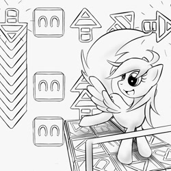 Size: 650x650 | Tagged: safe, artist:dshou, imported from derpibooru, derpy hooves, pegasus, pony, dance dance revolution, dancing, female, grayscale, mare, monochrome, open mouth, open smile, smiling, solo, spread wings, wings