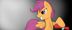 Size: 1200x500 | Tagged: safe, artist:dshou, imported from derpibooru, scootaloo, pegasus, pony, bust, female, filly, foal, gradient background, grin, scooter, smiling, solo