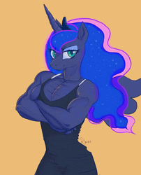 Size: 828x1025 | Tagged: safe, artist:grissaecrim, imported from derpibooru, princess luna, alicorn, anthro, orange background, simple background, solo