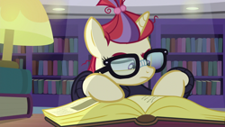 Size: 1280x720 | Tagged: safe, imported from ponybooru, screencap, moondancer, pony, unicorn, amending fences, season 5, bookshelf, canterlot library, clothes, female, female focus, g4, glasses, horn, lap, library, light, mare, moon dancer's book, moondancer's glasses, reading, reading lamp, s05, solo, solo female, solo focus, sweater