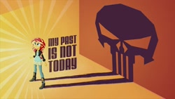 Size: 1024x576 | Tagged: safe, edit, edited screencap, imported from derpibooru, screencap, sunset shimmer, human, equestria girls, my past is not today, female, marvel, punisher, shadow, solo, title card