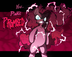 Size: 1803x1431 | Tagged: safe, artist:mickeymonster, imported from derpibooru, pinkie pie, earth pony, pony, abstract background, angry, bipedal, chest fluff, female, gritted teeth, hotblooded pinkie pie, lightning, looking at you, mare, solo, talking to viewer, teeth, you pinkie promised