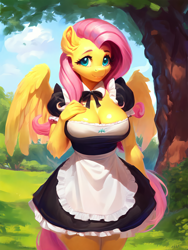 Size: 1536x2048 | Tagged: safe, imported from derpibooru, fluttershy, anthro, ai content, ai generated, breasts, closed mouth, clothes, female, generator:pony diffusion v5, looking at you, maid, solo, solo female, standing, wings