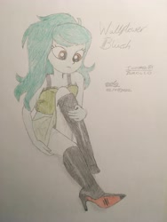 Size: 3024x4032 | Tagged: safe, artist:gibsterboy5, imported from derpibooru, wallflower blush, human, equestria girls, bare shoulders, boots, clothes, female, hand on hip, high heel boots, high heels, high res, leather, leather boots, looking down, raised leg, shoes, signature, simple background, sitting, skirt, sleeveless, solo, traditional art, white background