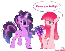 Size: 1024x799 | Tagged: safe, artist:petaltwinkle, imported from derpibooru, pinkie pie, twilight sparkle, earth pony, pony, unicorn, alternate hairstyle, book, dialogue, duo, female, grin, levitation, magic, mane swap, mare, personality swap, signature, simple background, smiling, speech bubble, telekinesis, unicorn twilight, white background