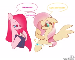 Size: 2048x1620 | Tagged: safe, artist:petaltwinkle, imported from derpibooru, fluttershy, pinkie pie, earth pony, pegasus, pony, alternate hairstyle, book, bracelet, dialogue, duo, eyeshadow, female, floppy ears, jewelry, makeup, mane swap, mare, one eye closed, personality swap, simple background, smiling, speech bubble, white background