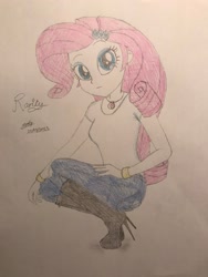 Size: 1536x2048 | Tagged: safe, artist:gibsterboy5, imported from derpibooru, rarity, human, equestria girls, alternate hair color, blue eyes, boots, bracelet, clothes, denim, eyeshadow, female, geode of shielding, hairpin, hand on leg, hand on thigh, high heel boots, high heels, jeans, jewelry, looking at you, magical geodes, makeup, necklace, pants, shirt, shoes, signature, simple background, sitting, solo, traditional art, white background, white shirt, wristband, wrong hair color