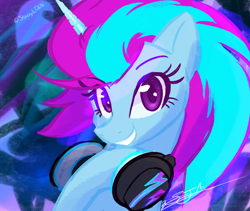 Size: 2092x1764 | Tagged: safe, artist:slightningdash, imported from derpibooru, oc, oc:stacey lightning dash, alicorn, pony, alicorn oc, bust, female, headphones, horn, icon, looking at you, mare, portrait, smiling, smiling at you, solo, wings