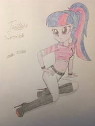 Size: 3024x4032 | Tagged: safe, artist:gibsterboy5, imported from derpibooru, twilight sparkle, human, equestria girls, belly button, belt, boots, clothes, female, hand on hip, high heel boots, high heels, high res, leather, leather boots, looking at each other, looking at someone, midriff, pants, ponytail, scrunchie, shirt, shoes, signature, simple background, sitting, solo, striped shirt, stripes, traditional art, white background, white pants, wristband