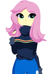 Size: 820x1165 | Tagged: safe, artist:rosemile mulberry, imported from derpibooru, fluttershy, human, equestria girls, butterfly hairpin, clothes, female, looking at you, solo, sweater, sweatershy, updated design