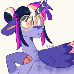 Size: 894x894 | Tagged: safe, artist:artistcoolpony, imported from twibooru, twilight sparkle, alicorn, pony, alternate design, cloven hooves, coat markings, colored ears, colored hooves, colored wings, confused, curved horn, female, folded wings, glasses, hair bun, horn, image, mare, multicolored wings, needs more jpeg, simple background, socks (coat markings), solo, twilight sparkle (alicorn), twitterina design, white background, wings