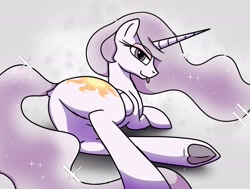 Size: 3200x2419 | Tagged: safe, artist:wolftendragon, imported from derpibooru, princess celestia, alicorn, princess molestia, bedroom eyes, butt, featureless crotch, long mane, long tail, looking at you, looking back, lying down, plot, sparkles, tail, tongue out, underhoof