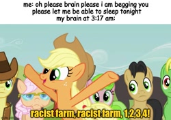 Size: 711x500 | Tagged: safe, imported from derpibooru, applejack, applejack's hat, cowboy hat, hat, raise this barn, text