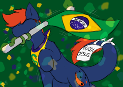 Size: 2893x2049 | Tagged: safe, artist:monycaalot, imported from derpibooru, oc, oc:fizark catto, monster pony, original species, pony, tatzlpony, 100% jesus, ^^, bandana, brazil, colored sketch, eyes closed, flag, happy, independence day, male, simple background, sketch, tentacle tongue, tentacles