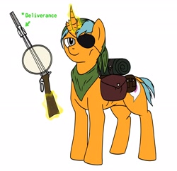 Size: 2040x1974 | Tagged: safe, imported from derpibooru, oc, oc only, oc:penny, unicorn, fallout equestria, backpack, bandana, banjo, deformed, deformed horn, eyepatch, fallout, gun, horn, musical instrument, special weapon, text, travelling, weapon