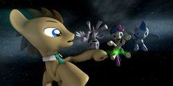 Size: 3840x1920 | Tagged: safe, artist:darkad8000, imported from derpibooru, bon bon, derpy hooves, doctor whooves, soarin', sweetie drops, time turner, earth pony, pegasus, pony, 3d, 4k, absurd resolution, doctor who, high res, lens flare, reference, reference to another series, scared, screaming, screwdriver, sonic screwdriver, source filmmaker, space, spread legs, spread wings, spreading, wings, zero gravity