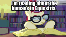 Size: 960x540 | Tagged: safe, edit, edited screencap, editor:undeadponysoldier, imported from ponybooru, screencap, moondancer, pony, unicorn, amending fences, book, clothes, female, glasses, humans in equestria, implied human, interested, intrigued, lamp, library, low effort caption, mare, reading, solo, sweater, tape, text