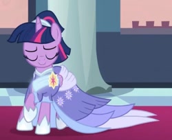 Size: 909x740 | Tagged: safe, imported from derpibooru, screencap, twilight sparkle, alicorn, pony, the last problem, alternate hairstyle, beautiful, canterlot, canterlot castle, carpet, clothes, coronation dress, cropped, dress, evening, eyes closed, female, gown, happy, mare, pillar, red carpet, regal, sash, second coronation dress, solo, turning, twilight sparkle (alicorn)