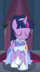 Size: 340x608 | Tagged: safe, imported from derpibooru, screencap, twilight sparkle, alicorn, pony, the last problem, alternate hairstyle, banner, beautiful, canterlot, canterlot castle, carpet, clothes, coronation dress, curtains, dress, eyes closed, flower, gown, red carpet, regal, sash, second coronation dress, solo, twilight sparkle (alicorn), walking