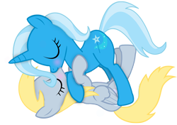 Size: 3076x2160 | Tagged: safe, imported from derpibooru, derpy hooves, trixie, pegasus, unicorn, derpixie, duo, female, g4, kissing, lesbian, mare, shipping, simple background, transparent background, tripy