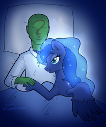 Size: 1080x1297 | Tagged: safe, artist:kumakum, imported from derpibooru, princess luna, oc, oc:anon, alicorn, human, bed, relaxed, simple background, wholesome