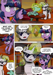 Size: 1204x1700 | Tagged: safe, artist:tarkron, imported from derpibooru, twilight sparkle, twilight sparkle (alicorn), zephyr breeze, oc, oc:cosmo cool, alicorn, pegasus, pony, unicorn, comic:the royal sandal, gem, open mouth, speech bubble, sunglasses