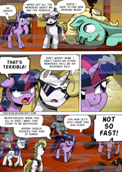 Size: 1204x1700 | Tagged: safe, artist:tarkron, imported from derpibooru, rarity, spike, twilight sparkle, twilight sparkle (alicorn), zephyr breeze, oc, oc:cosmo cool, alicorn, dragon, pegasus, pony, unicorn, comic:the royal sandal, butt, female, gem, male, mare, open mouth, plot, speech bubble, sunglasses